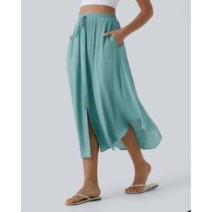 Halara High Waisted Drawstring Button Side Pocket Flowy Midi Casual Skirt Sz Med